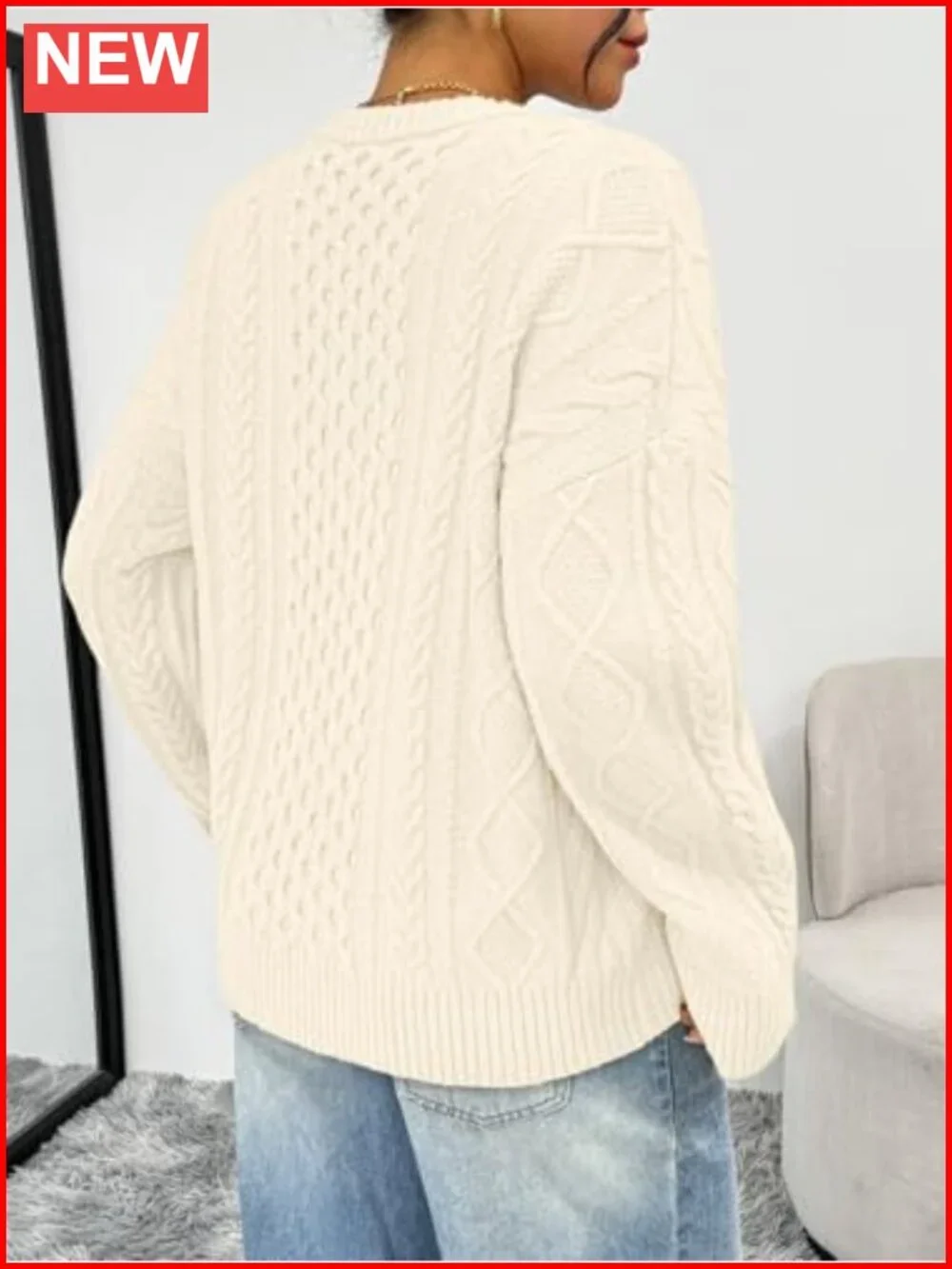 Oversized Cable Knit Crewneck Pullover Sweater Long Sleeve Fall Winter